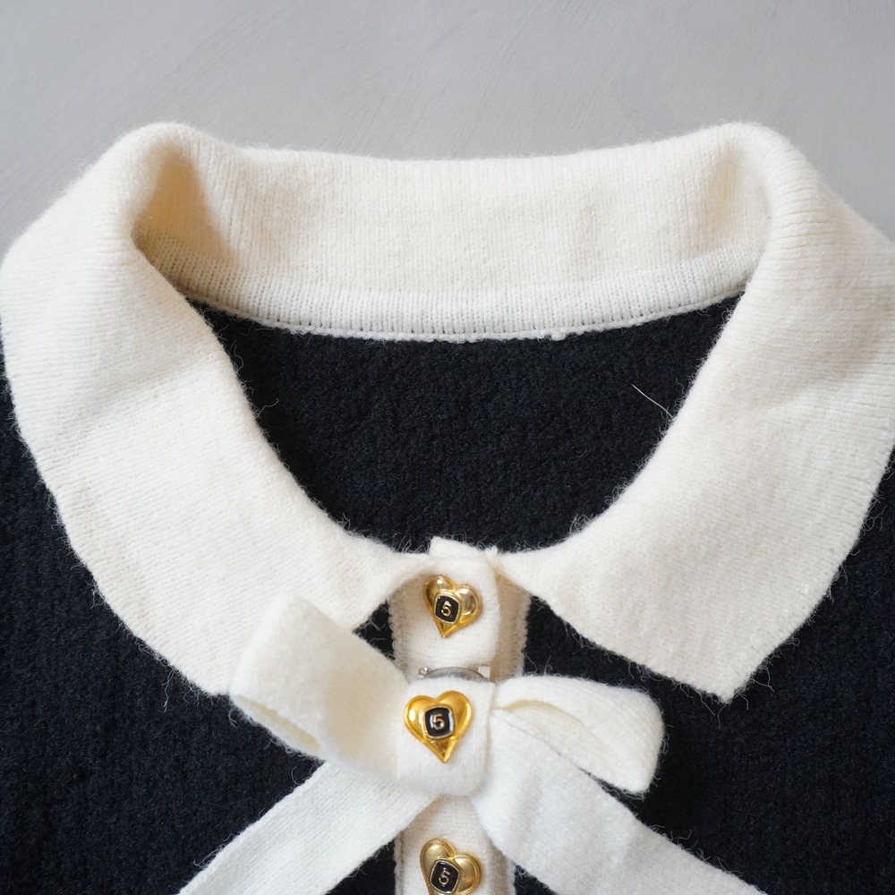 Vintage Style Cropped Cardigan Medium Black White Heart Button Bow Coquette - Picture 5 of 7